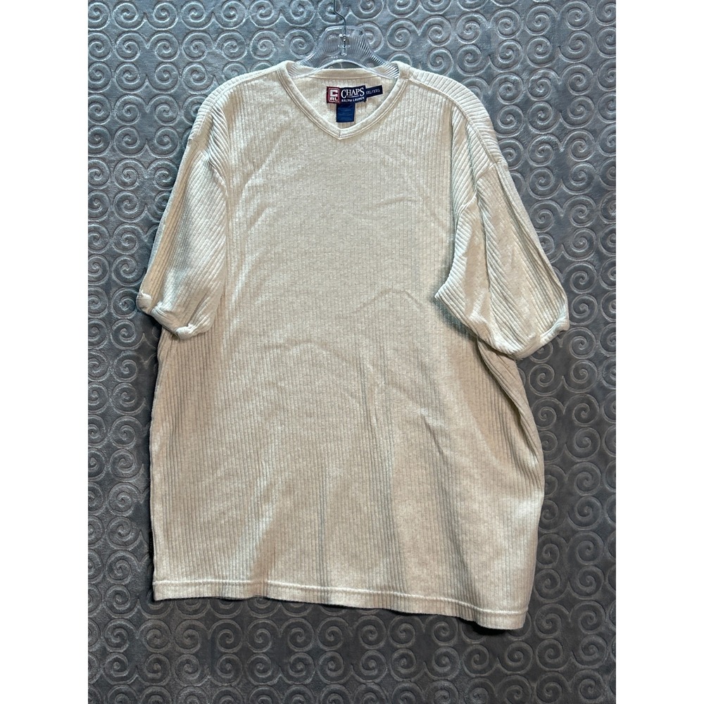 Chaps Ralph Lauren Mens XXL XXXL Beige Ribbed V Neck Short Sleeve Cotton T Shirt